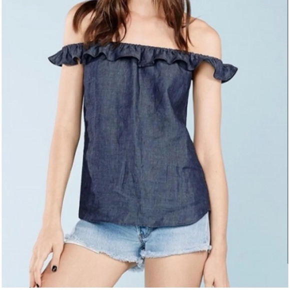 Reformation Scarlett Chambray Denim Off Shoulder Blouse - Picture 1 of 10